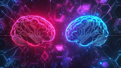 Poster - Hologram of the brain. Brain and technology network. Digital brain with glowing circuit patterns. Futuristic brain. Digital human brain connected to an electronic board. Artificial Intelligence tech