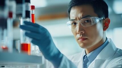 Scientist man holding sample blood test tube in science laboratory. Doctor clinic healthcare technician lab testing blood sample diagnosis. Asian man scientist working in hiv testing medical lab.