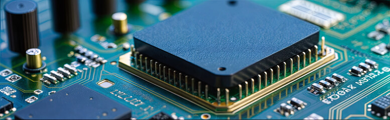 Poster - A microprocessor is prominently displayed on a circuit board filled with various electronic components, highlighting technology's complexity and design. The image captures details of the connections