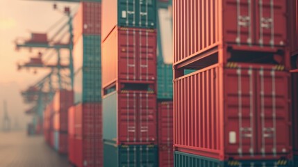 Wall Mural - Aerial view of port logistics management with multiple stacked shipping containers in organized rows and columns creating a geometric pattern with strong perspective and depth of field