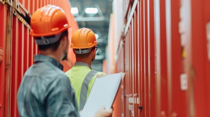 Wall Mural - Intermodal Container Checks by Logistics Team in Warehouse with Deep Depth of Field  Warehouse workers inspecting