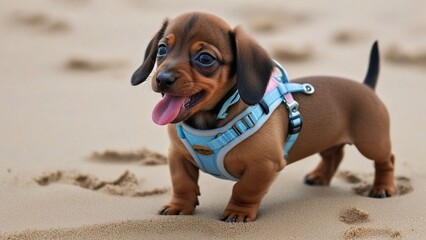 Poster - A small dachshund puppy walks along the beach with its tongue sticking out.