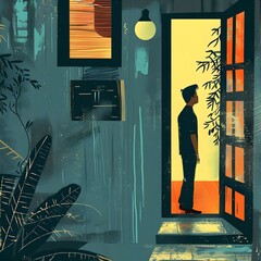 Canvas Print - Man Standing at Doorway of House Illustration