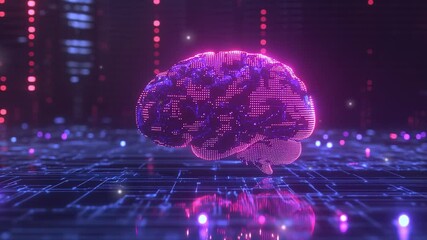 Poster - Hologram of the brain. Brain and technology network. Digital brain with glowing circuit patterns. Futuristic brain. Digital human brain connected to an electronic board. Artificial Intelligence tech