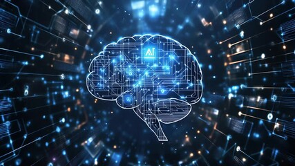Poster - Hologram of the brain. Brain and technology network. Digital brain with glowing circuit patterns. Futuristic brain. Digital human brain connected to an electronic board. Artificial Intelligence tech