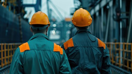 Two industrial port workers one wearing a hard hat and orange safety vest collaborating on cargo loading at a busy dockyard terminal