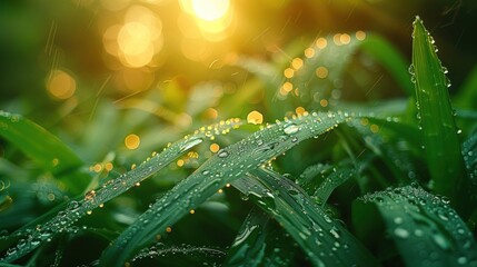 Wall Mural - A close-up shot of dewy grass blades, glistening in the warm light of the rising sun.