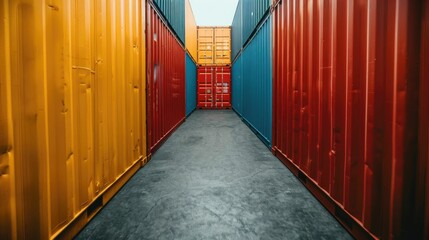 Wall Mural - Tiered arrangement of colorful cargo containers in a logistics facility showcasing a depth of field perspective for shipment and transportation management