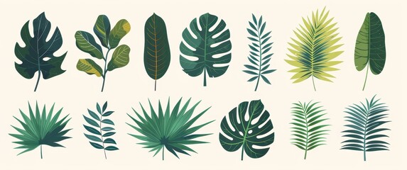 Aufkleber - Collection of Green Tropical Leaves Isolated on White Background