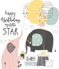 Wall Mural - Greeting Birthday card with cute elephants and balloons