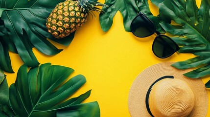 Tropical Summer Vibes: Woman's Fashion Accessories, Leaves, and Pineapple on Yellow Background Flat Lay Top View