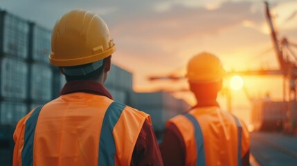 Wall Mural - Cargo securing techniques by port workers with deep depth of field captured at sunset