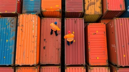 Wall Mural - Cargo Container Damage Assessment by Port Staff in Deep Depth of Field  Blurred background shows stacks of shipping containers in a bustling port or cargo terminal