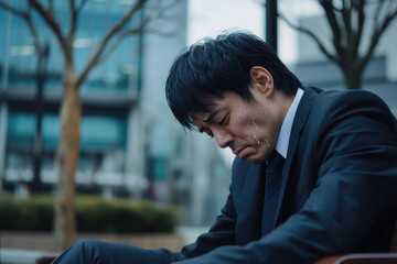 Canvas Print - A Japanese man in a suit, with black hair and a gray beard, sits with his head down on a bench outside an office building.