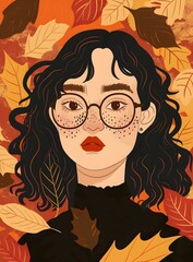 Wall Mural - Autumn Leaves Girl Portrait Illustration