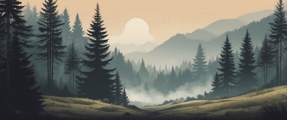 Wall Mural - Misty Morning in a Coniferous Forest with a Distant Sun