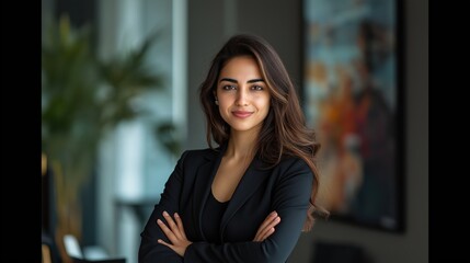 Wall Mural - A successful and confident Arab Hispanic smiling Latinx Indian businesswoman in the office, with arms crossed and a warm smile, representing female leadership and empowerment in the corporate world, s