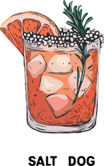 Hand-drawn vector illustration of a Salty Dog cocktail – detailed sketch of the classic drink with a salted rim, isolated for menus and promotional materials