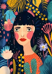 Wall Mural - Woman with Floral Illustration