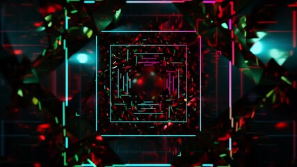 Wall Mural - Abstract background 3D animation moving through shiny glass metal and neon lights tunnel, loop