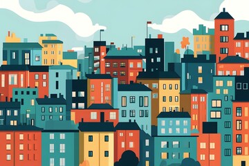 Colorful Cityscape Illustration with Buildings and Clouds