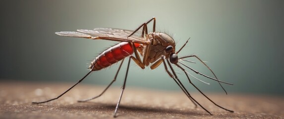 Wall Mural - A Close-Up of a Mosquito with Red Abdomen on a Brown Surface