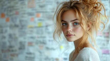 Wall Mural - Portrait of a Young Woman with Freckles and Blue Eyes