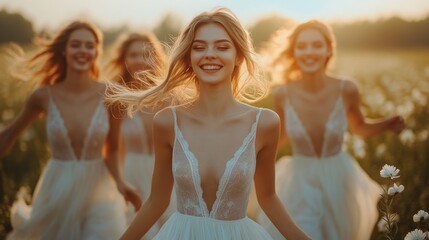 Three Beautiful Women Running Through Field at Sunset