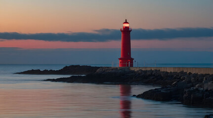 Red Lighthouse on a Rocky Outcropping at Sunset