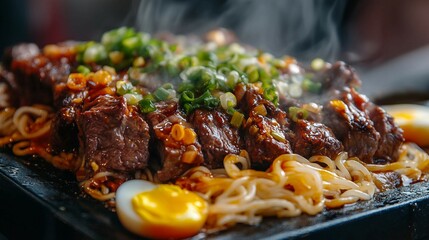 Taiwanese Night Market Delight: Sizzling Beef Steak with Noodles, Egg, and Sauce on Hot Iron Board