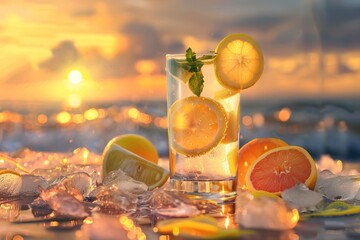 closeup of tasty refreshing cocktail on sea beach at sunset