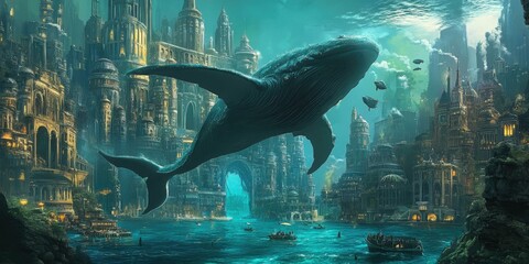 Wall Mural - A whale swims over a fantasy city.