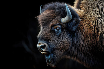 closeup profile portrait of big buffalo bison on a black background