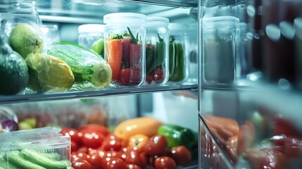 Transparent Glass Refrigerator Shelf Revealing Food Storage