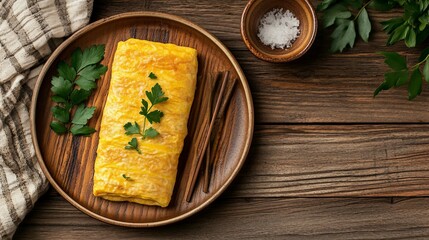 Traditional Tamagoyaki Japanese Rolled Omelette from Above with Fresh Ingredients.