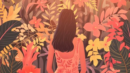 Wall Mural - Woman With Long Brown Hair Standing In Front Of A Colorful Tropical Floral Background