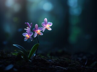 Wall Mural - Three delicate purple orchids with yellow centers grow in the dark forest illuminated by sunlight.