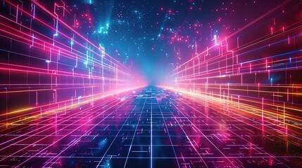 Wall Mural - Synthwave retrowave art, neon gradient grid, vibrant 80s inspired futuristic vibe