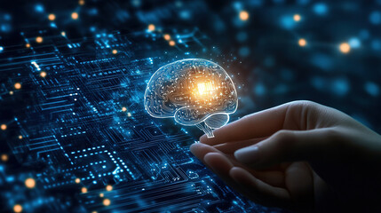 Poster - hologram of the brain. brain and technology network. digital brain with glowing circuit patterns. fu