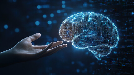 Poster - hologram of the brain. brain and technology network. digital brain with glowing circuit patterns. fu