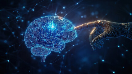 Poster - hologram of the brain. brain and technology network. digital brain with glowing circuit patterns. fu