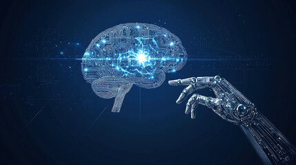 Poster - Hologram of the brain. Brain and technology network. Digital brain with glowing circuit patterns. Futuristic brain. Digital human brain connected to an electronic board. Artificial Intelligence tech