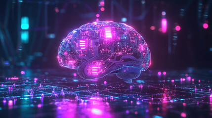 Poster - Hologram of the brain. Brain and technology network. Digital brain with glowing circuit patterns. Futuristic brain. Digital human brain connected to an electronic board. Artificial Intelligence tech
