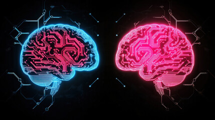 Poster - Hologram of the brain. Brain and technology network. Digital brain with glowing circuit patterns. Futuristic brain. Digital human brain connected to an electronic board. Artificial Intelligence tech