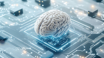 Poster - Hologram of the brain. Brain and technology network. Digital brain with glowing circuit patterns. Futuristic brain. Digital human brain connected to an electronic board. Artificial Intelligence tech