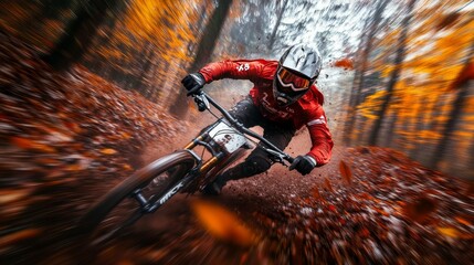 Riding with precision a man skillfully navigates a downhill trail surrounded by brilliant autumn foliage displaying a dynamic and adventurous spirit in natures embrace