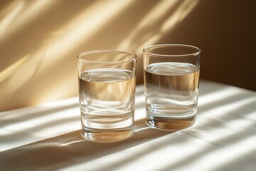 Two glasses of water sit on a table, one of which is almost empty