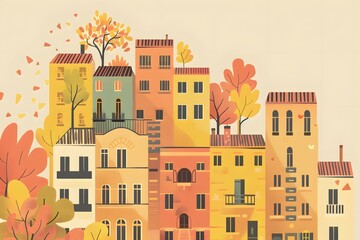 Autumn Cityscape Illustration With Colorful Buildings