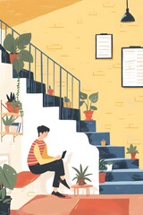 Wall Mural - Man Sitting on Stairs in a Room with Plants