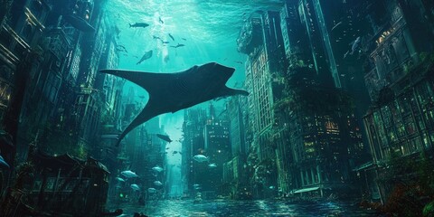 Wall Mural - Submerged city with manta ray and fish.